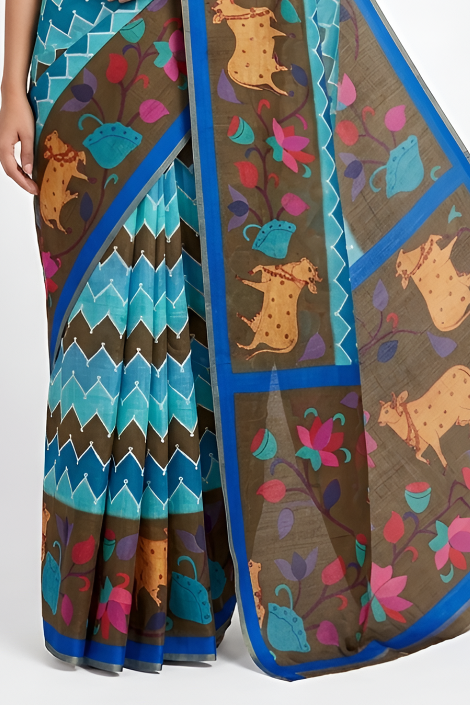 Kazari Print Linen Zari Border Saree (Brown Multicolor)