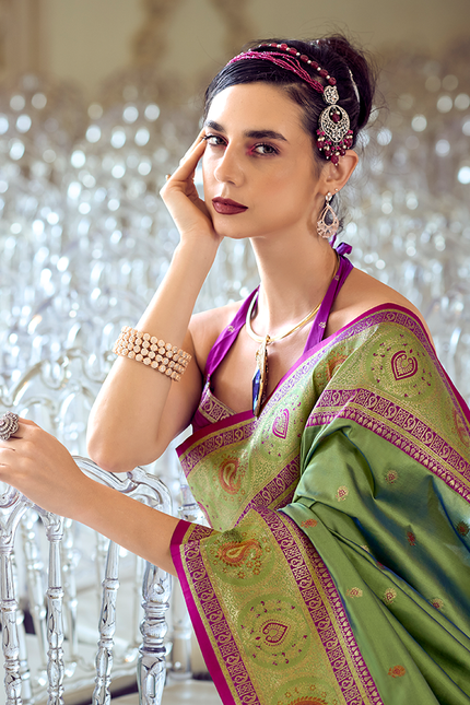 Minakari Paithani,Pure Soft Banarasi Silk Saree (Green)