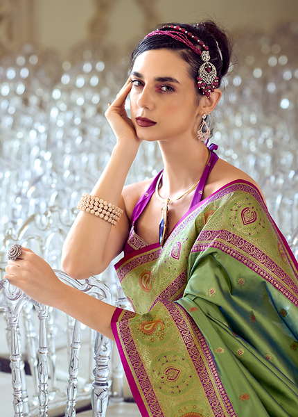 Minakari Paithani,Pure Soft Banarasi Silk Saree (Green)