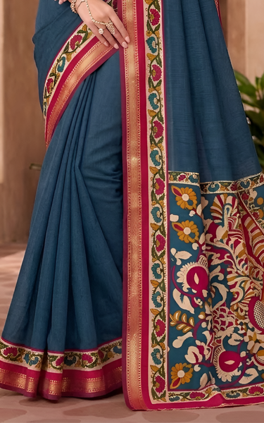Soft Mul Cotton Kalamkari Pallu Saree with Zari Border (Teal Blue)