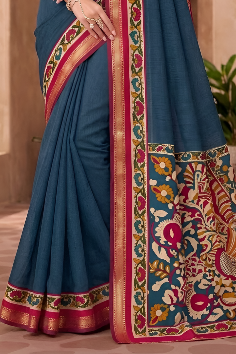 Soft Mul Cotton Kalamkari Pallu Saree with Zari Border (Teal Blue)
