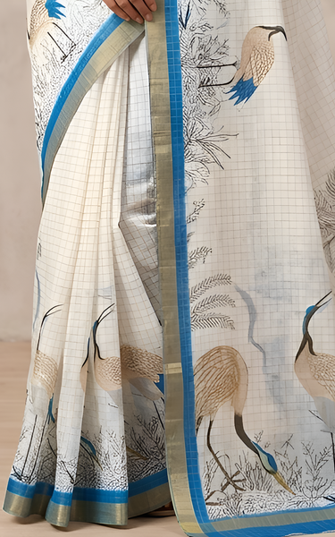 Pure Linen Zari Chex Weaving Duck Print Saree (Off-white & Blue)