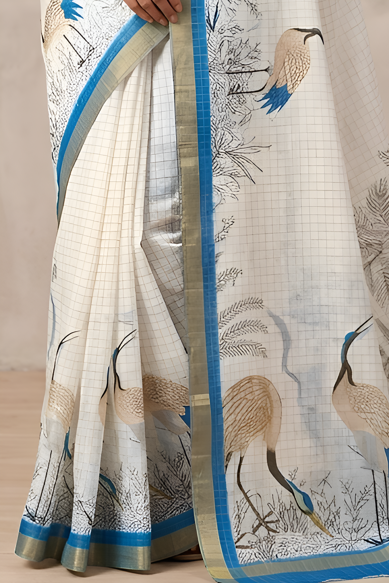 Pure Linen Zari Chex Weaving Duck Print Saree (Off-white & Blue)
