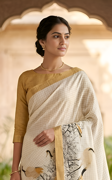 Pure Linen Zari Chex Weaving Duck Print Saree (Off-white & Golden)