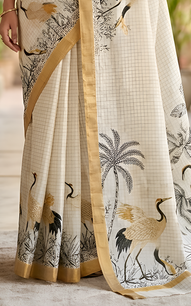 Pure Linen Zari Chex Weaving Duck Print Saree (Off-white & Golden)