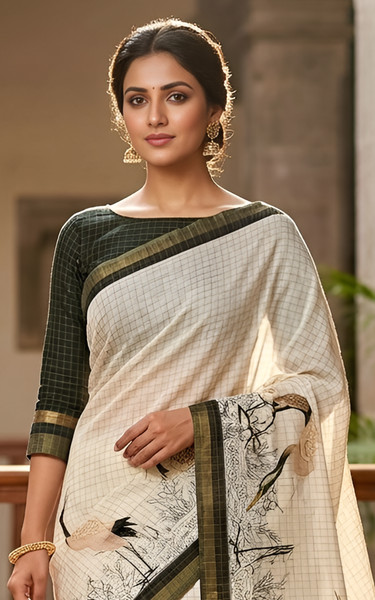 Pure Linen Zari Chex Weaving Duck Print Saree (Off-white & Black)