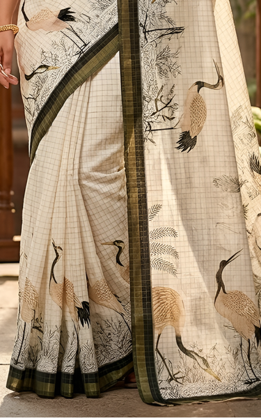 Pure Linen Zari Chex Weaving Duck Print Saree (Off-white & Black)
