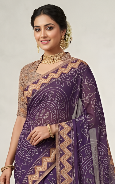Ajrakh Kalamkari Zari Border Chanderi Saree (Purple)