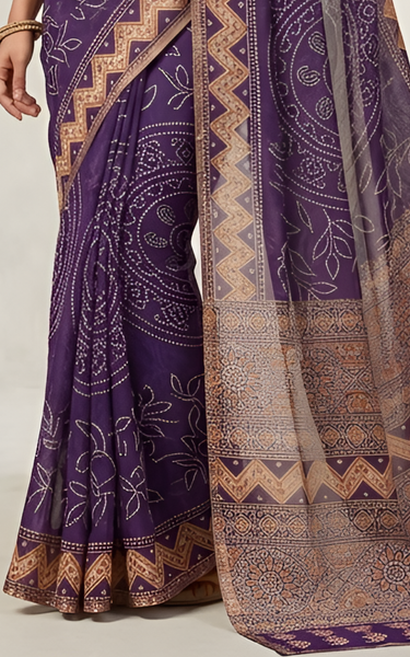 Ajrakh Kalamkari Zari Border Chanderi Saree (Purple)
