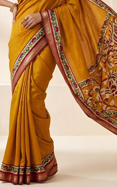Soft Mul Cotton Kalamkari Pallu Saree with Zari Border (Yellow)
