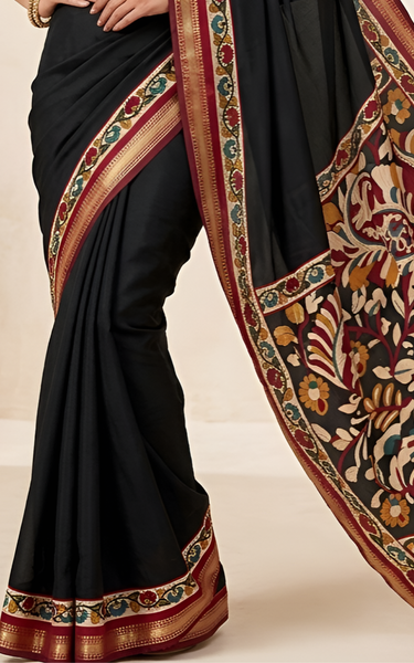 Soft Mul Cotton Kalamkari Pallu Saree with Zari Border (Black)