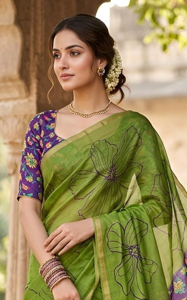 Kalamkari Printed Chanderi Linen Saree with Weaving Border (Green)