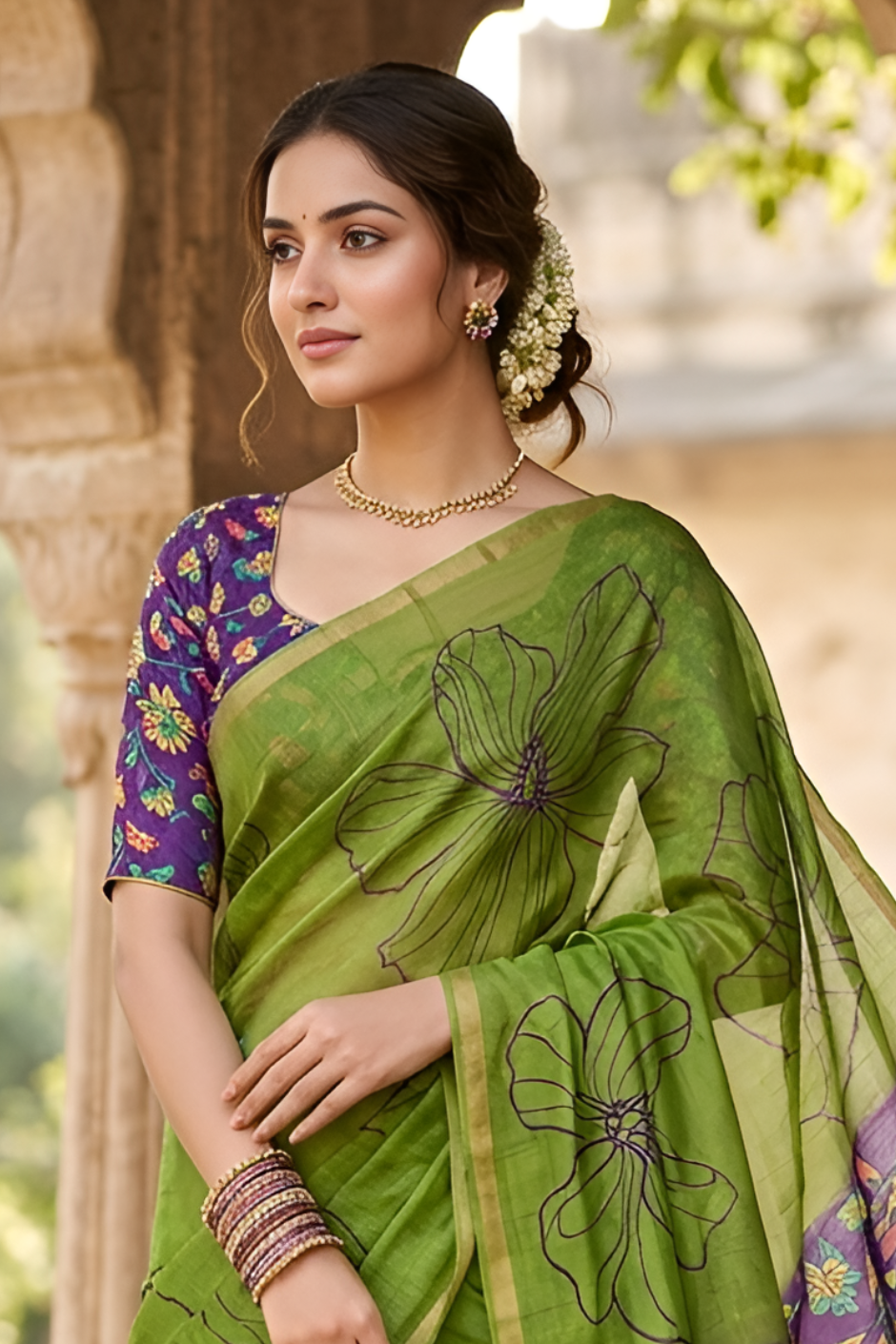 Kalamkari Printed Chanderi Linen Saree with Weaving Border (Green)