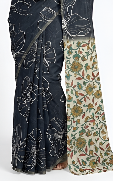 Kalamkari Printed Chanderi Linen Saree with Weaving Border (Black)