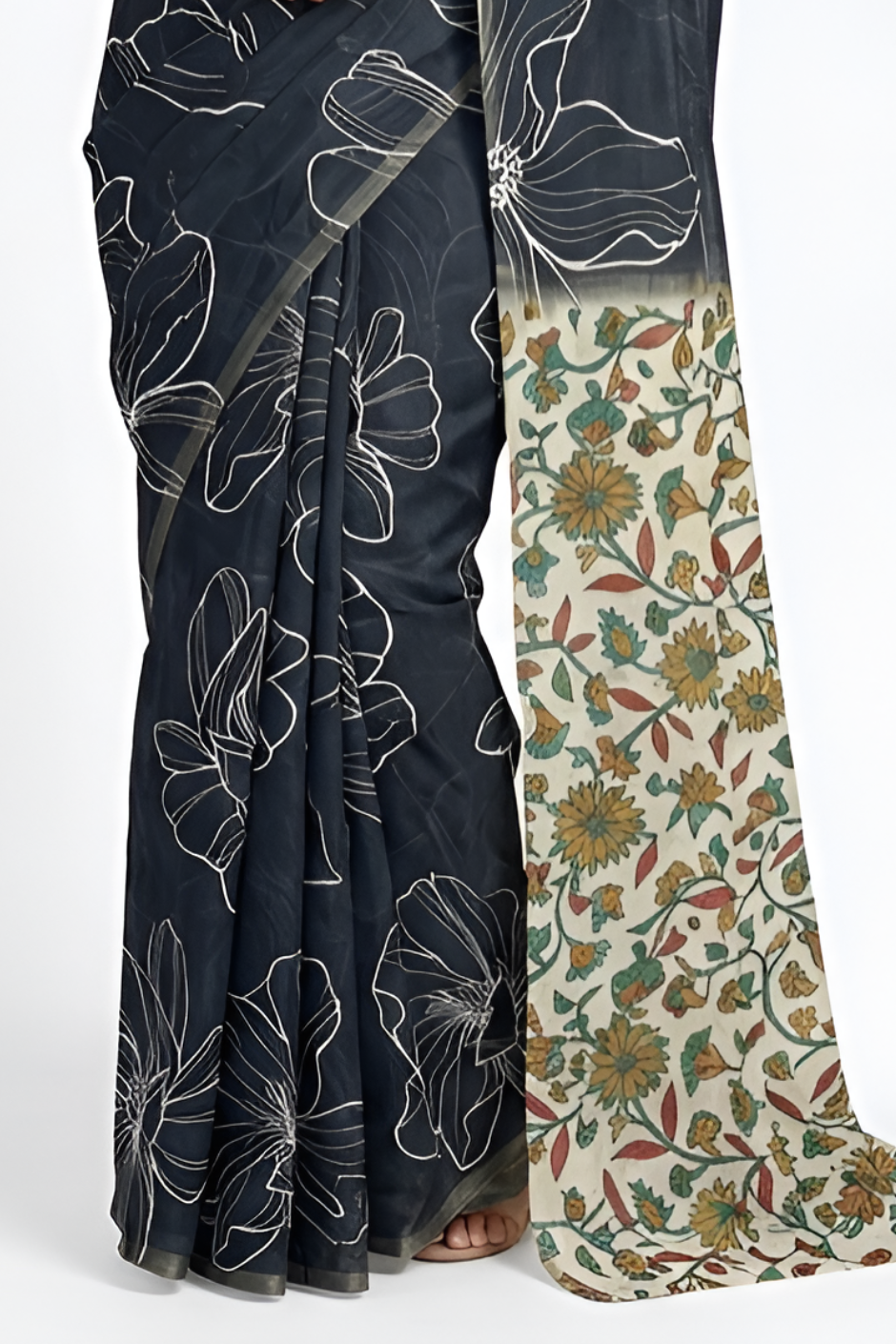 Kalamkari Printed Chanderi Linen Saree with Weaving Border (Black)