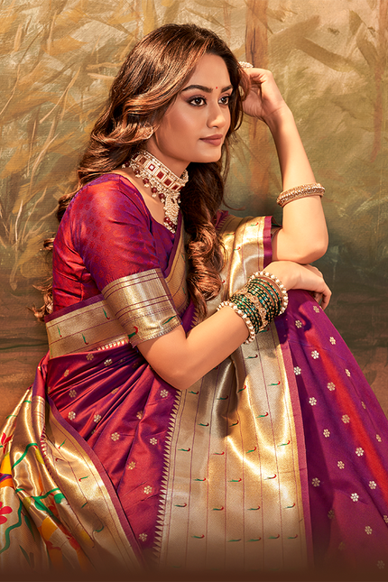 Pure Paithani Silk,Weaving Saree (Maroon)