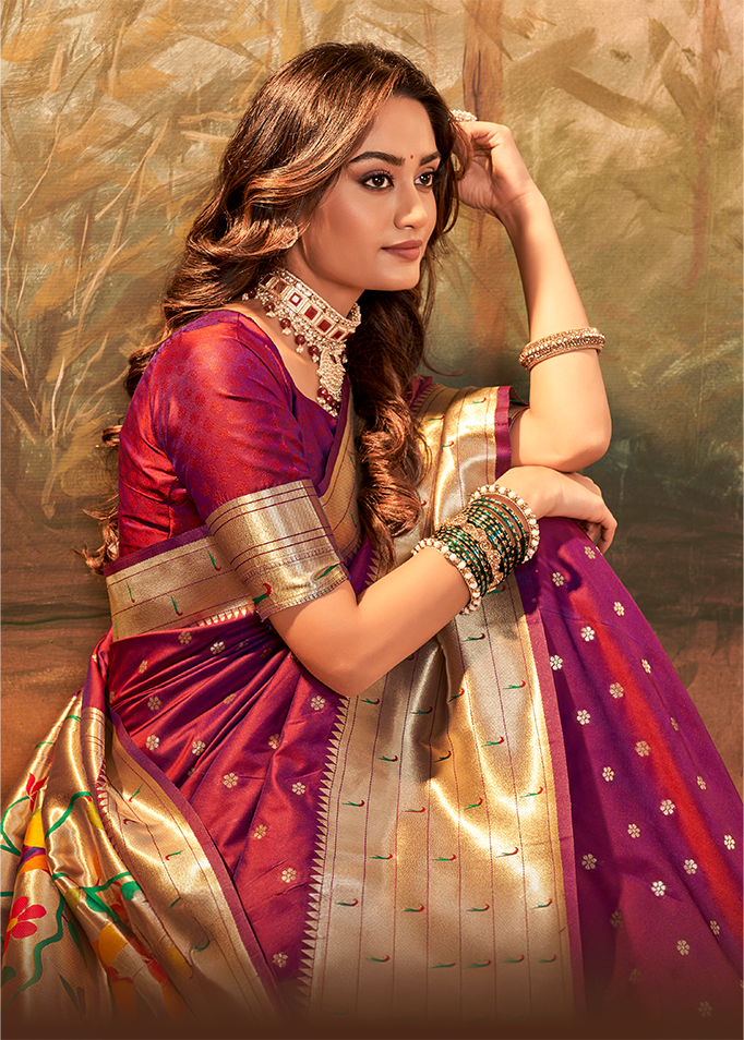 Pure Paithani Silk,Weaving Saree (Magenta)
