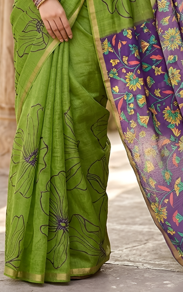 Kalamkari Printed Chanderi Linen Saree with Weaving Border (Green)