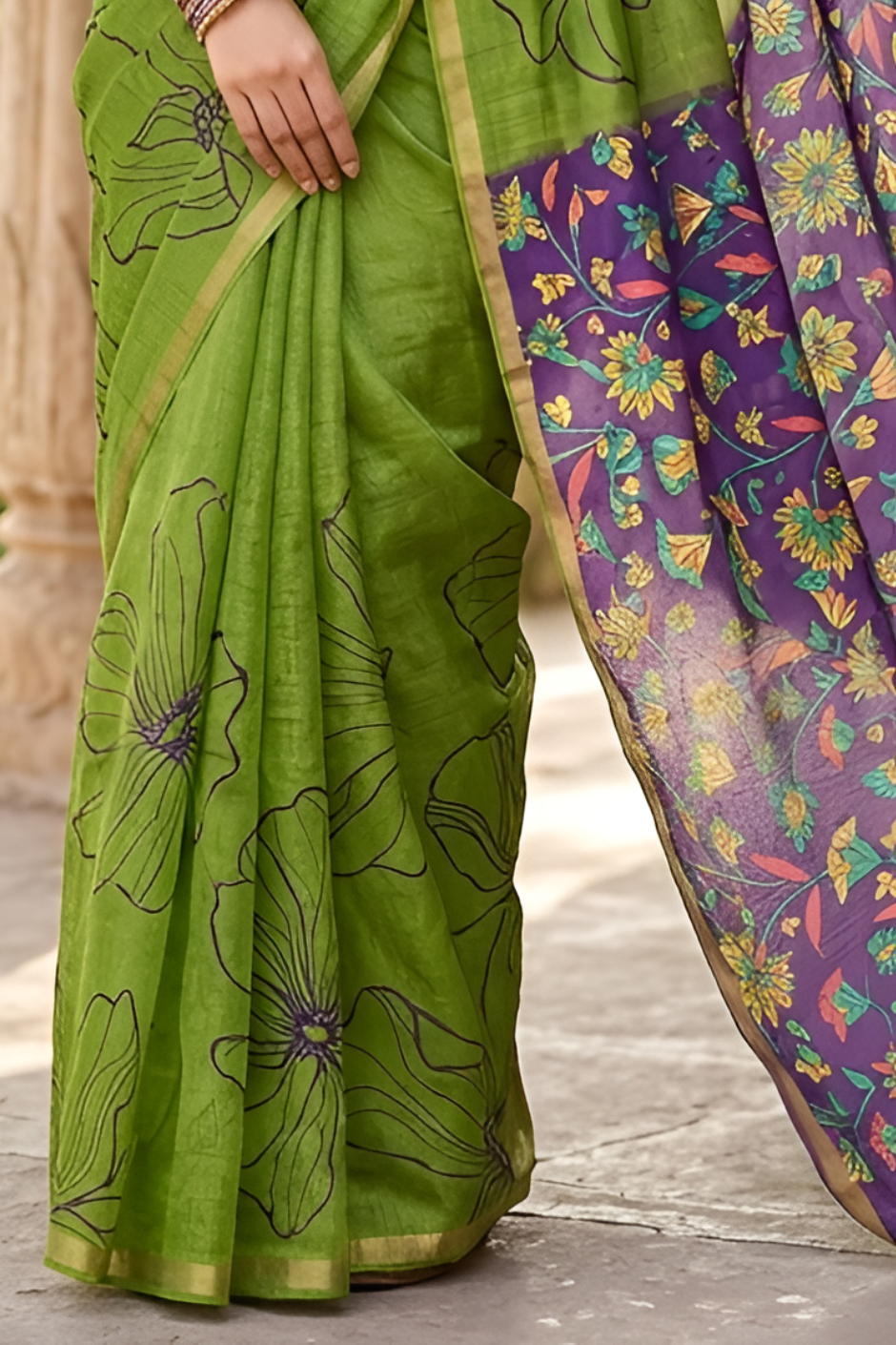 Kalamkari Printed Chanderi Linen Saree with Weaving Border (Green)