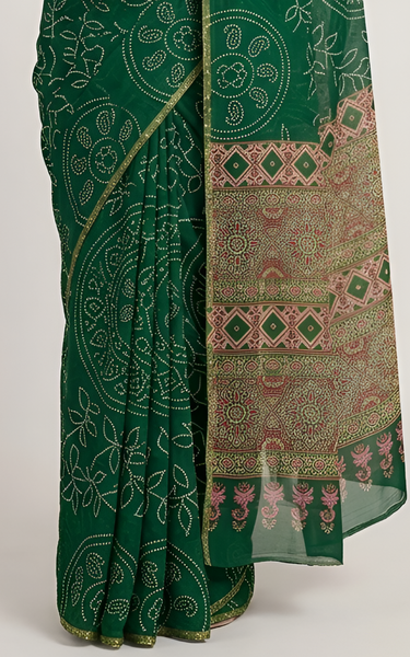 Ajrakh Kalamkari Zari Border Chanderi Saree (Emerald Green)