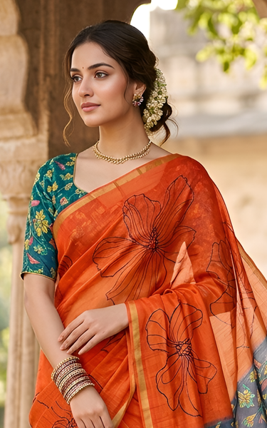 Kalamkari Printed Chanderi Linen Saree with Weaving Border (Orange)