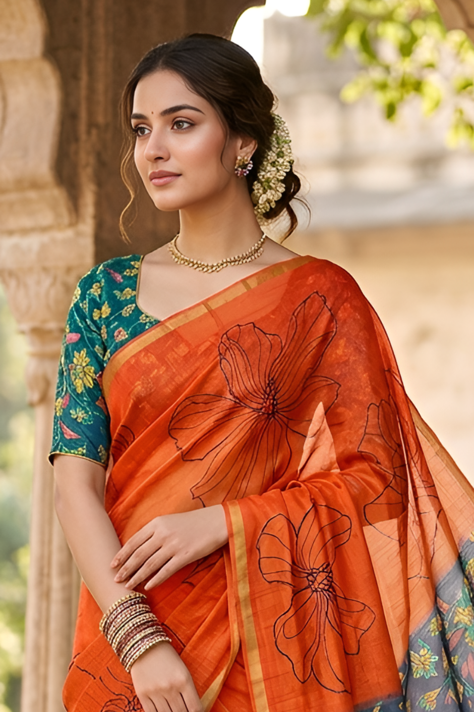 Kalamkari Printed Chanderi Linen Saree with Weaving Border (Orange)