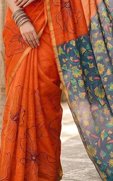 Kalamkari Printed Chanderi Linen Saree with Weaving Border (Orange)