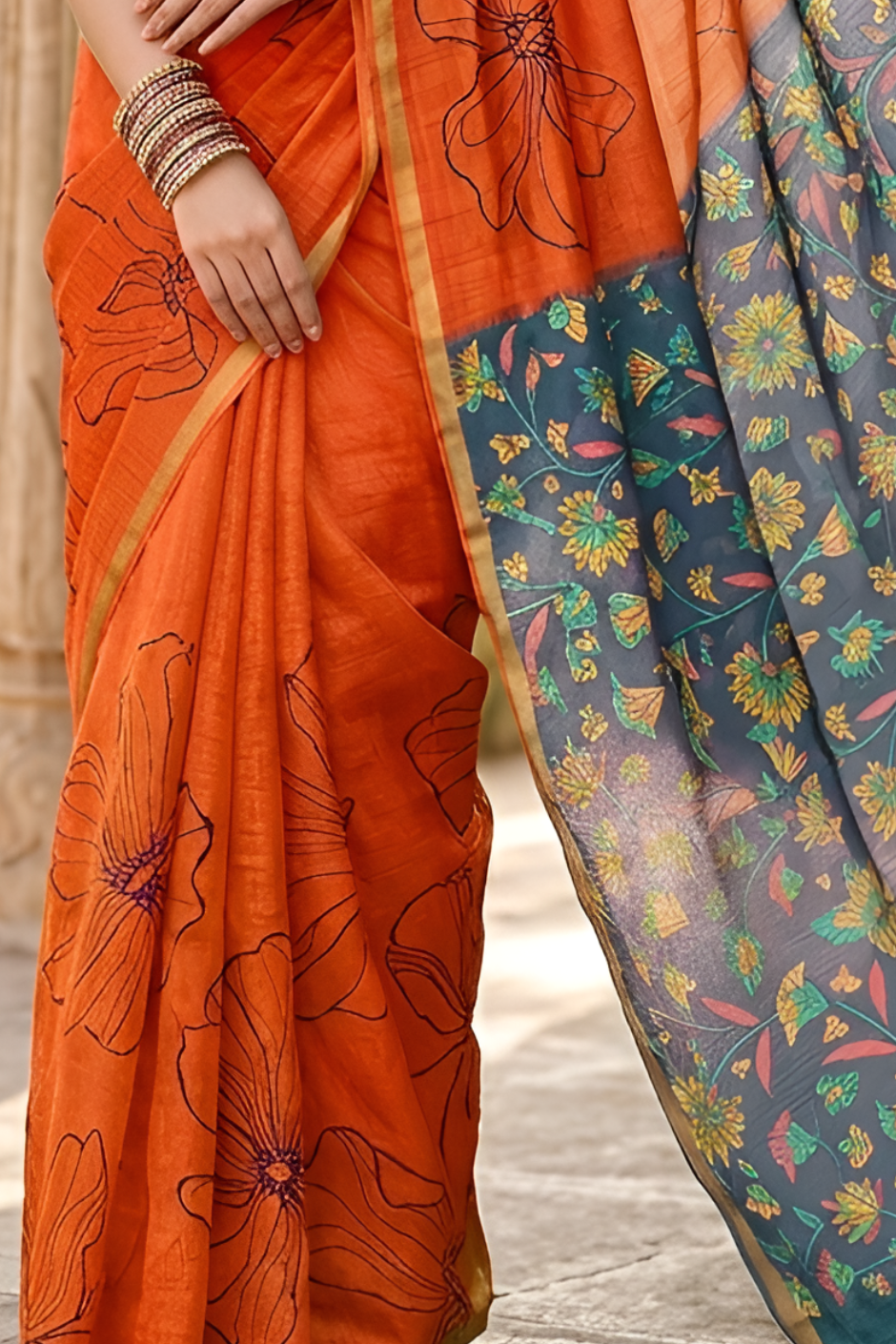 Kalamkari Printed Chanderi Linen Saree with Weaving Border (Orange)