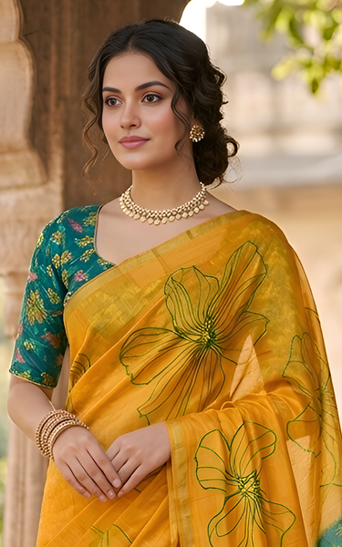 Kalamkari Printed Chanderi Linen Saree with Weaving Border (Yellow)