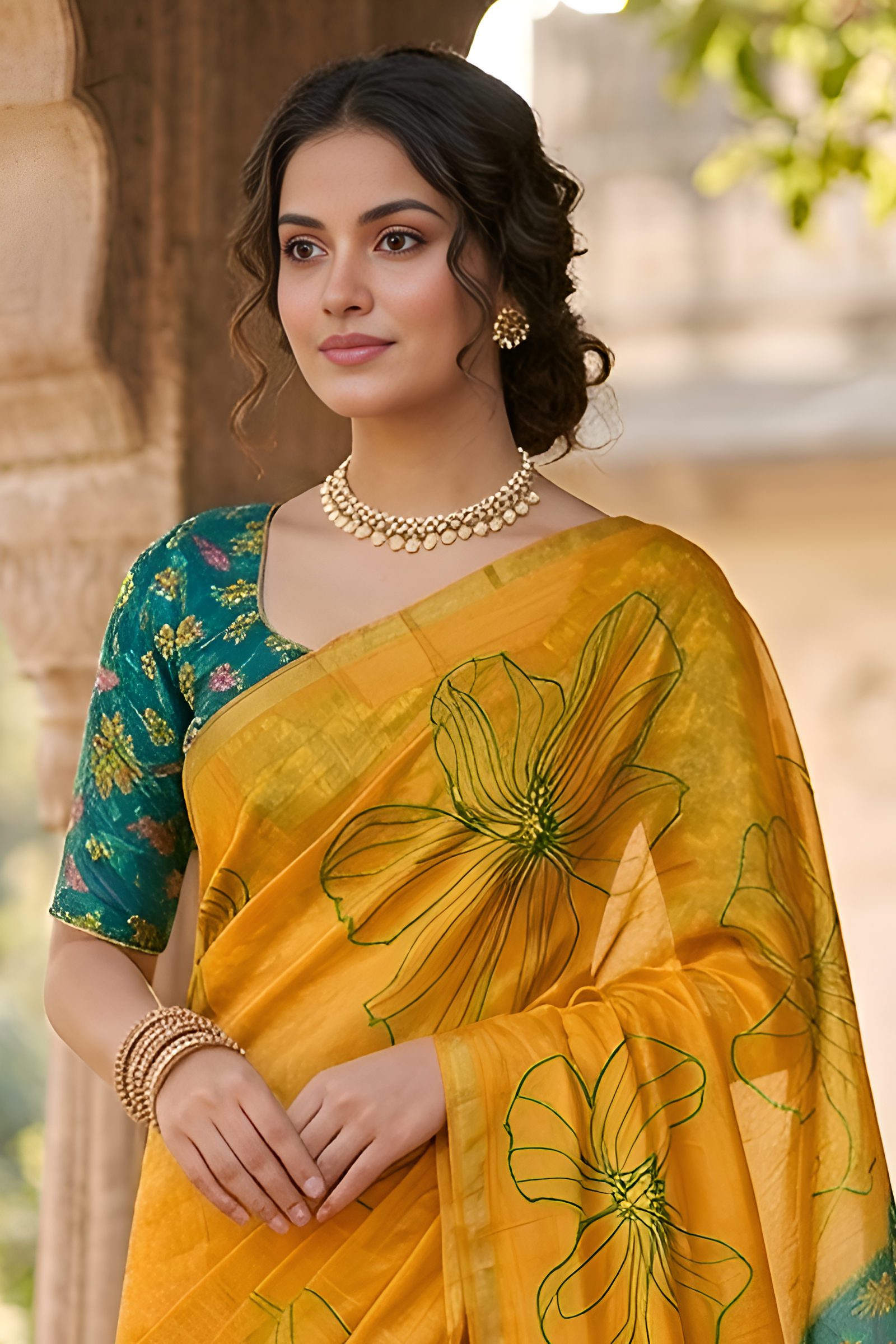 Kalamkari Printed Chanderi Linen Saree with Weaving Border (Yellow)