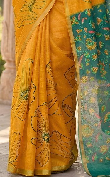Kalamkari Printed Chanderi Linen Saree with Weaving Border (Yellow)