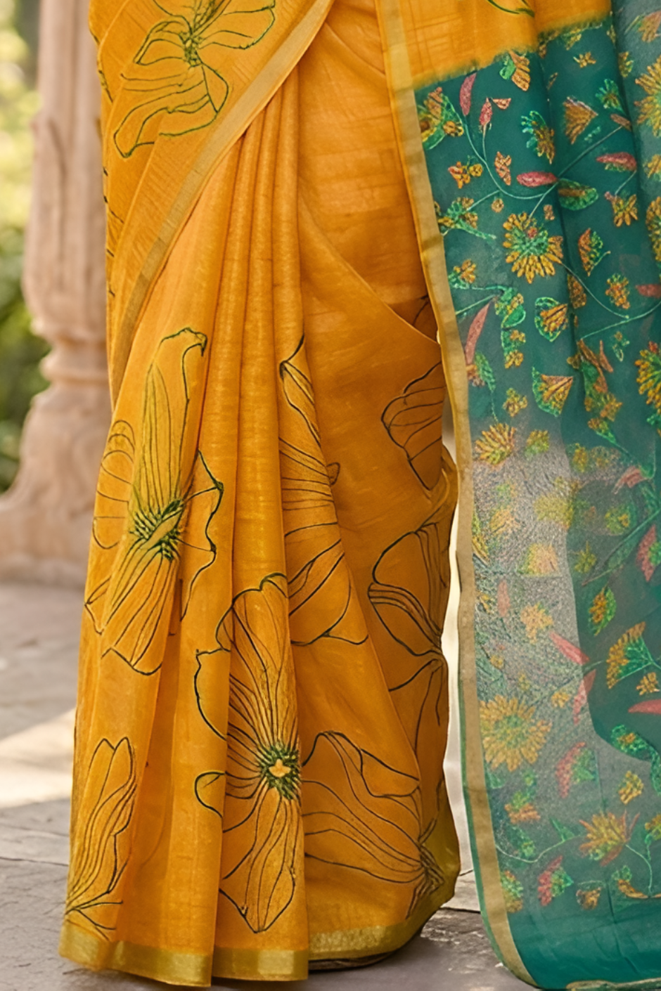 Kalamkari Printed Chanderi Linen Saree with Weaving Border (Yellow)