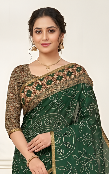 Ajrakh Kalamkari Zari Border Chanderi Saree (Dark Green)