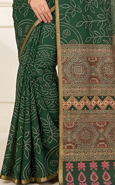 Ajrakh Kalamkari Zari Border Chanderi Saree (Dark Green)