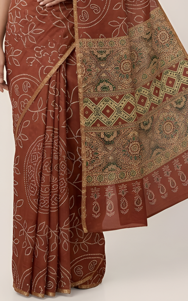 Ajrakh Kalamkari Zari Border Chanderi Saree (Rusty Maroon)