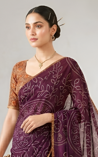Ajrakh Kalamkari Zari Border Chanderi Saree (Wine)