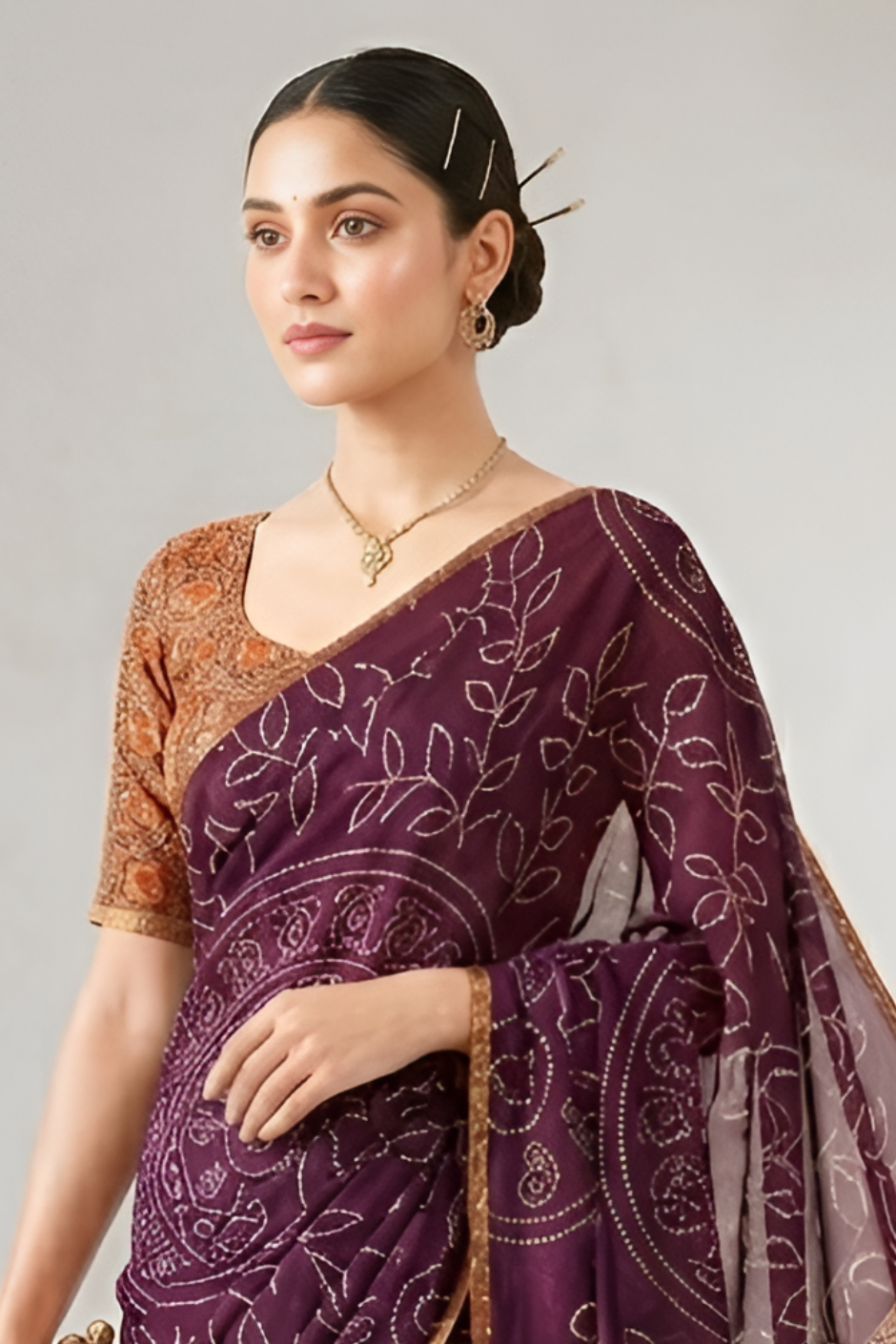 Ajrakh Kalamkari Zari Border Chanderi Saree (Wine)