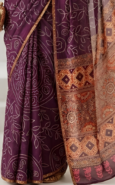 Ajrakh Kalamkari Zari Border Chanderi Saree (Wine)