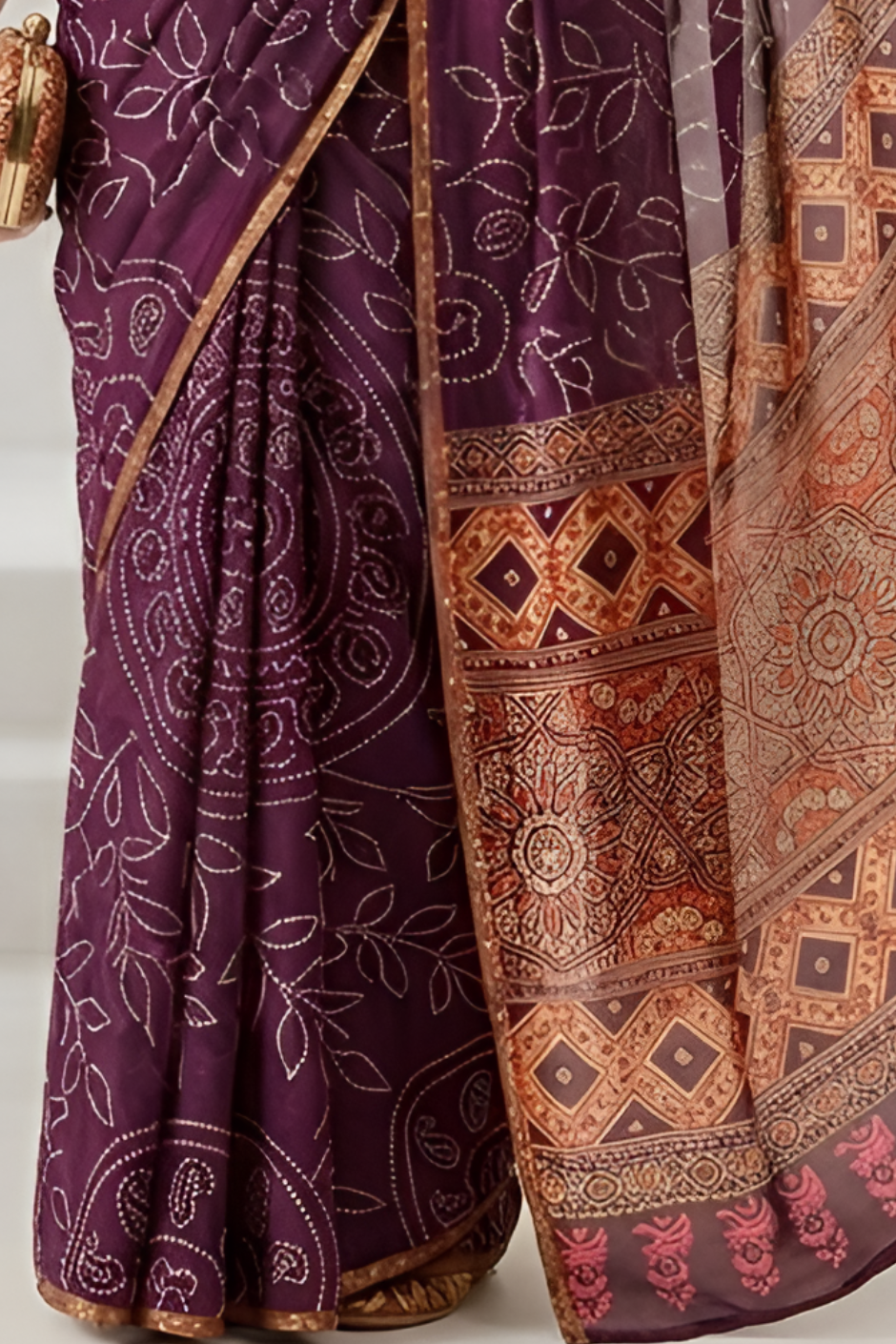 Ajrakh Kalamkari Zari Border Chanderi Saree (Wine)
