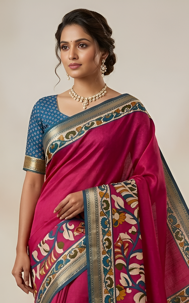 Soft Mul Cotton Kalamkari Pallu Saree with Zari Border (Pink)