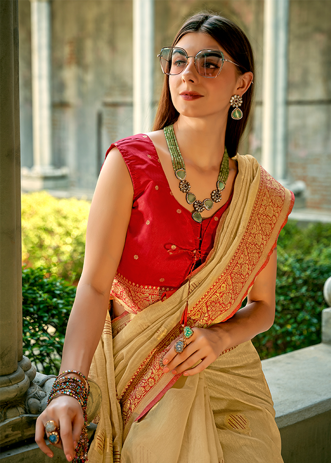 Weaving,Rich Pallu,Tissue Silk Saree (Cream)