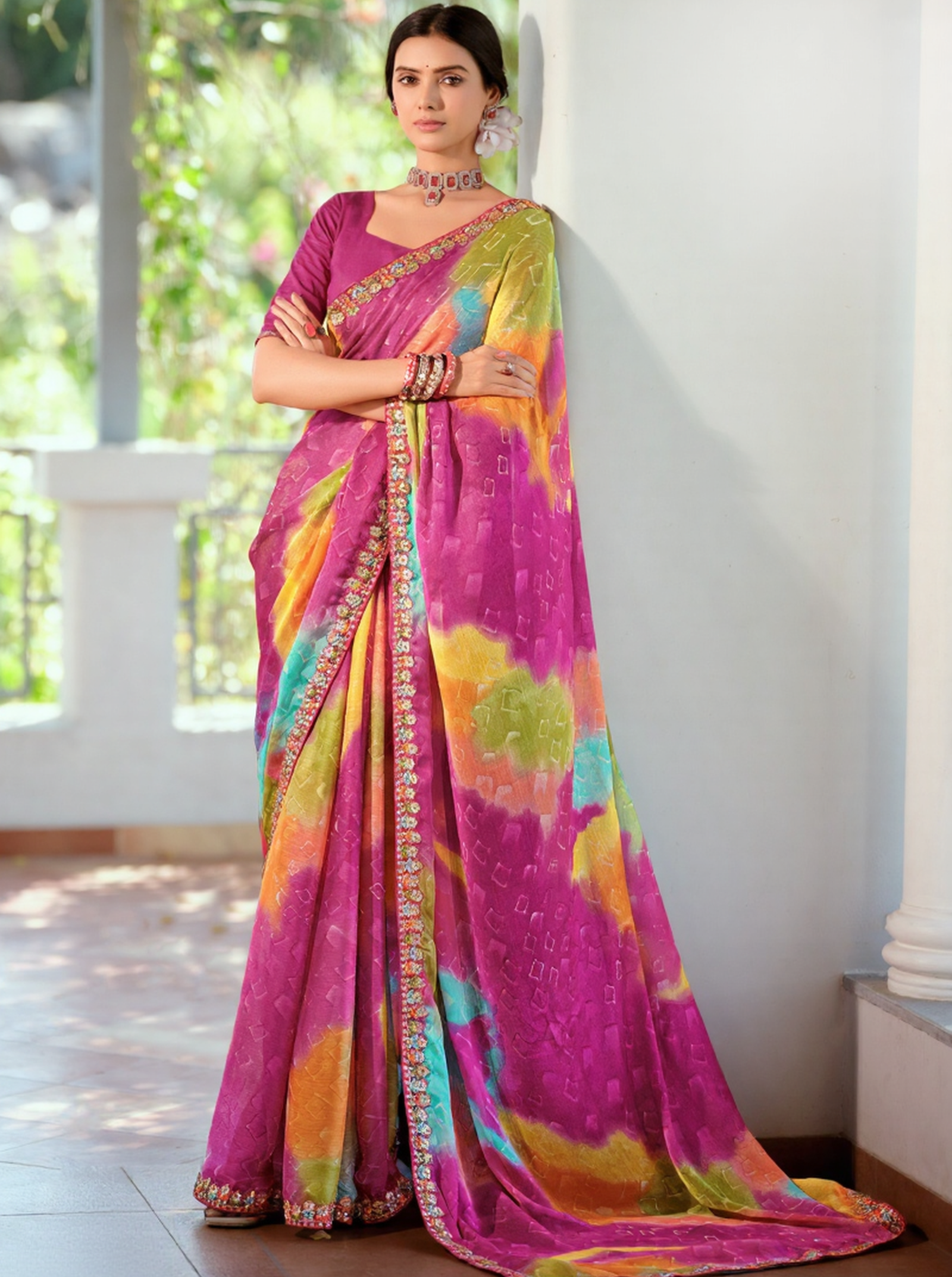 Georgette Weaving Pattern Digital Print Saree with Embroidered Border