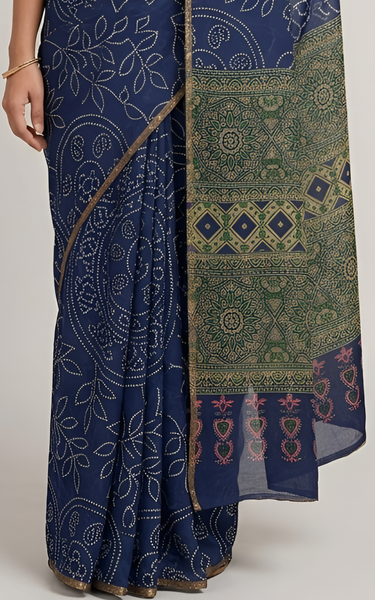 Ajrakh Kalamkari Zari Border Chanderi Saree (Royal Blue)