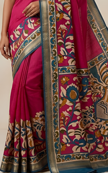 Soft Mul Cotton Kalamkari Pallu Saree with Zari Border (Pink)