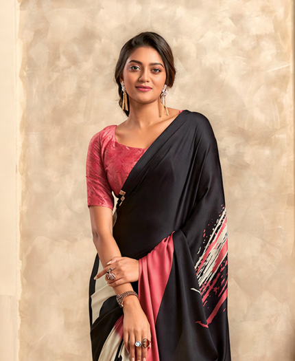 Fancy Print Crape Silk Saree (Black)