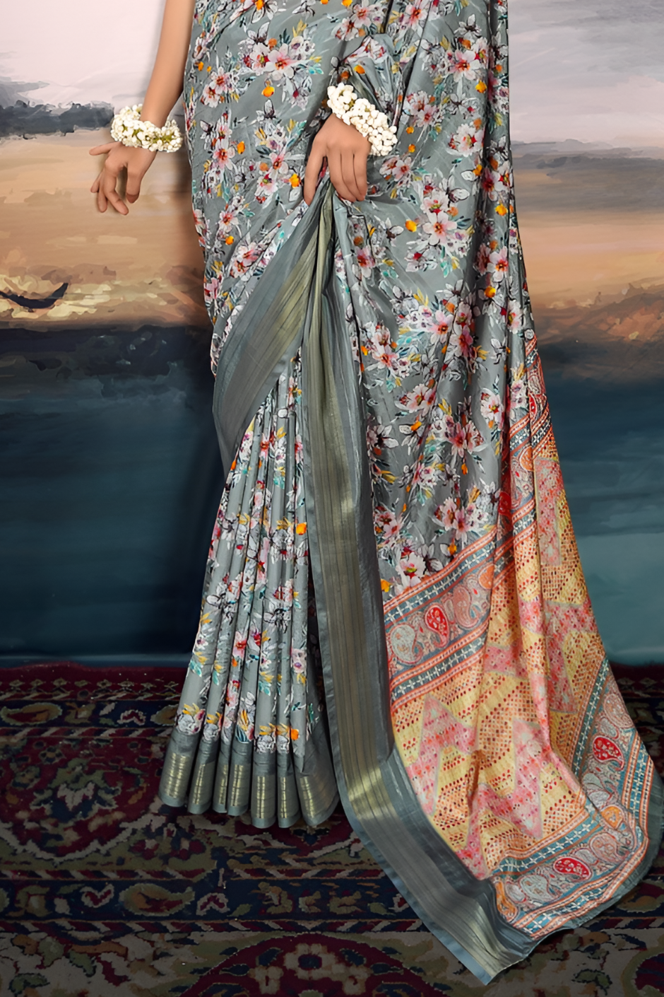 Pure Cotton Silk With Digital Print (Grey)