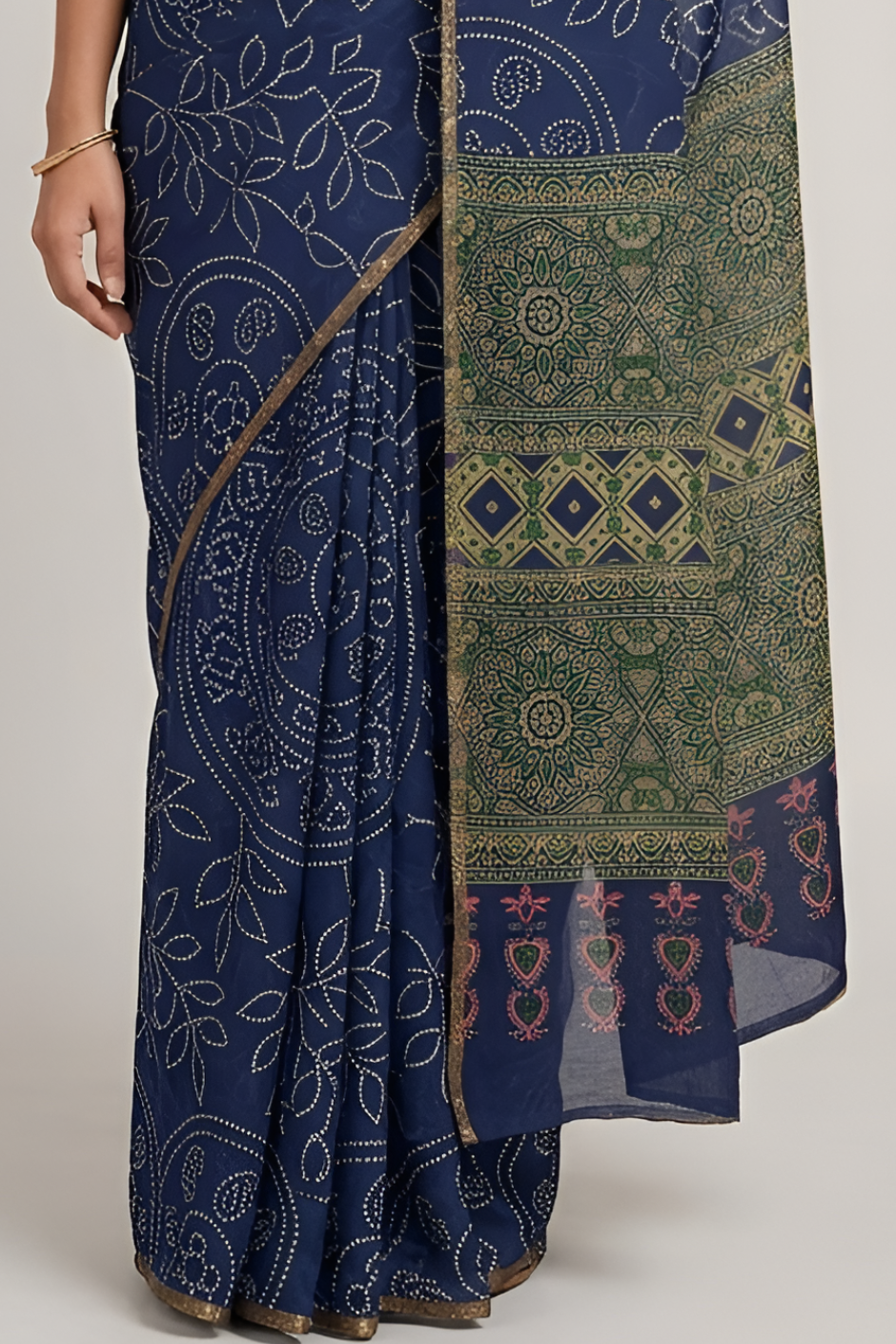 Ajrakh Kalamkari Zari Border Chanderi Saree (Royal Blue)