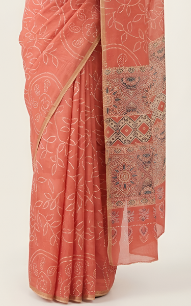 Ajrakh Kalamkari Zari Border Chanderi Saree (Coral Pink)