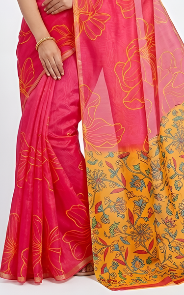 Kalamkari Printed Chanderi Linen Saree with Weaving Border (Bright Red)