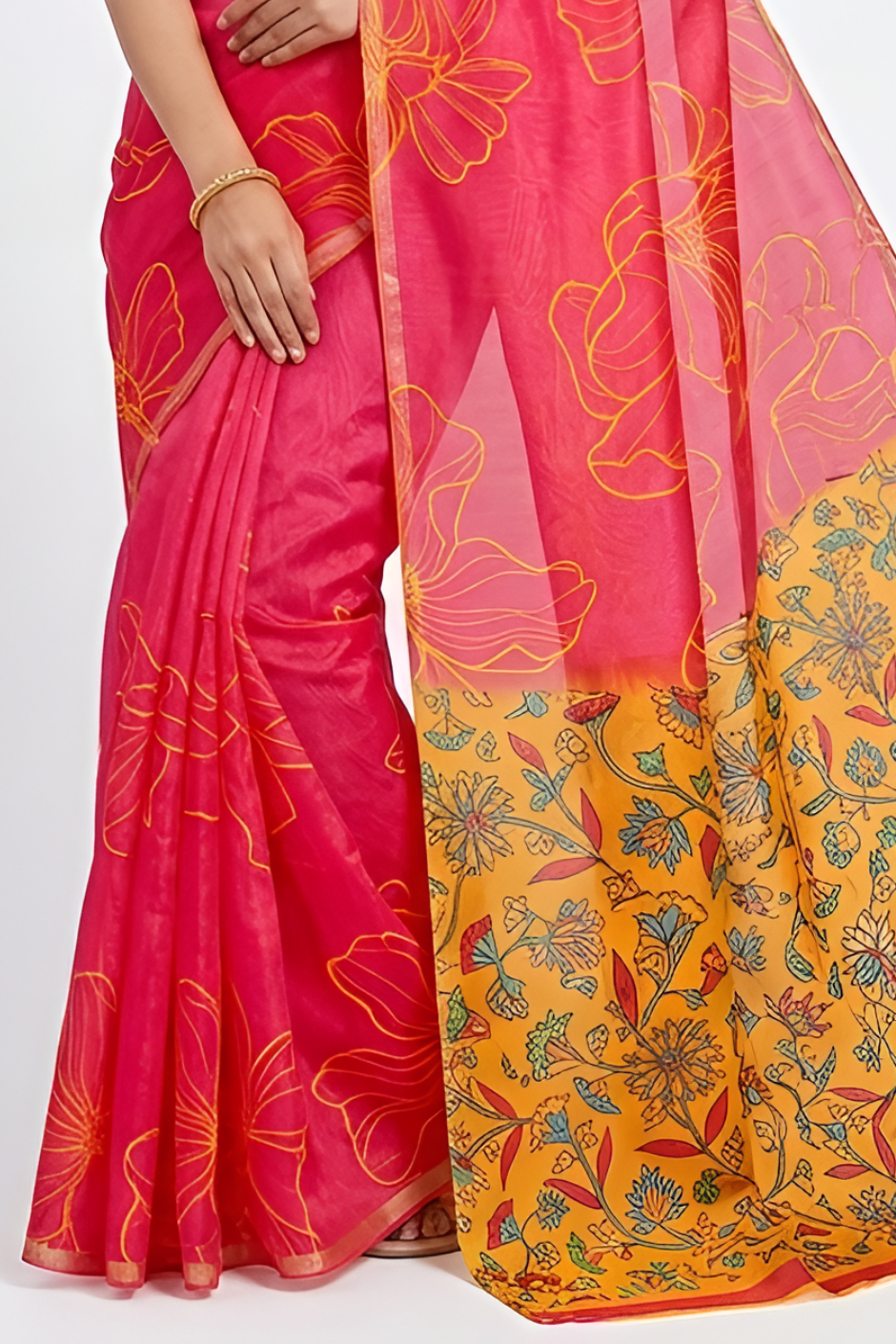 Kalamkari Printed Chanderi Linen Saree with Weaving Border (Bright Red)